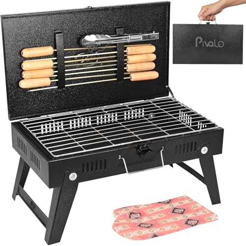 Image of Pivalo Charcoal Barbeque Grill Set | Tandoori BBQ for Home & Outdoor Use | 4-Piece Combo | 8 Skewers | 1 Glove | 1 Tong | Foldable Standing BBQ for Camping, Picnic & Travel Cooking (Pack of 1, Black)