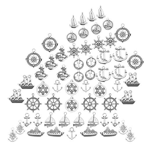 SUNNYCLUE 1 Schachtel 60 Stück 15 Stile Anker-Charms Im Tibetischen Stil Legierung Helm Schiff Flach Rund Boot Fahrzeug Radform Ozean Segeln Thema Anhänger Für Die Herstellung von