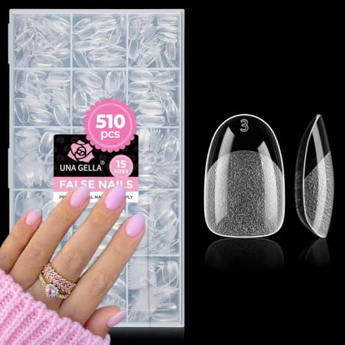 UNA GELLA Short Oval Nail Tips 510Pcs 15 Sizes Pre-Buffed Full Cover False Nails No File Needed Inner Matte Soft Gel Nail Tips Clear PMMA Soak Off Acrylic Nail Extensions for DIY Home Salon