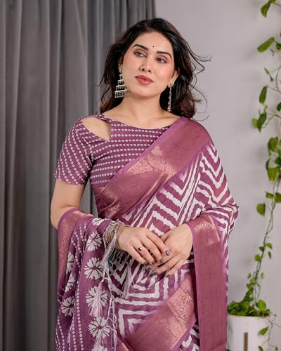Image of ALMAARI FASHION Handloom Cotton Linen Saree for Women with Floral Printed Design and Tassel Pallu, Traditional Ethnic Lightweight Saree for Daily Office Festive with Blouse Piece
