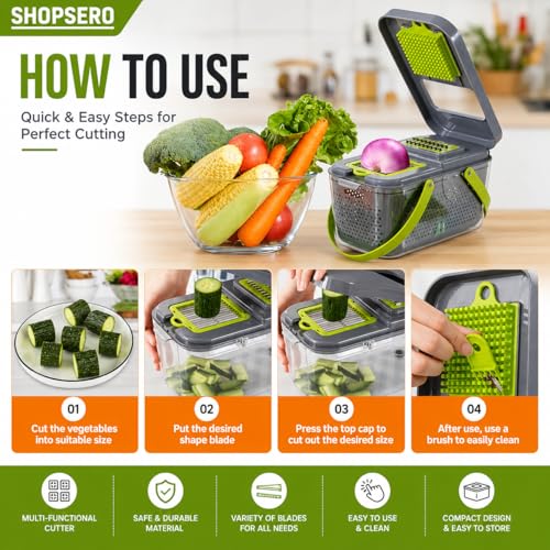 Image of 22 in 1 Vegetable Chopper with Container & Interchangeable Blades | Manual Vegetable Cutter, Onion Chopper & Vegetable Slicer | Multipurpose Food Dicer with Hand Protector | Kitchen Chopper