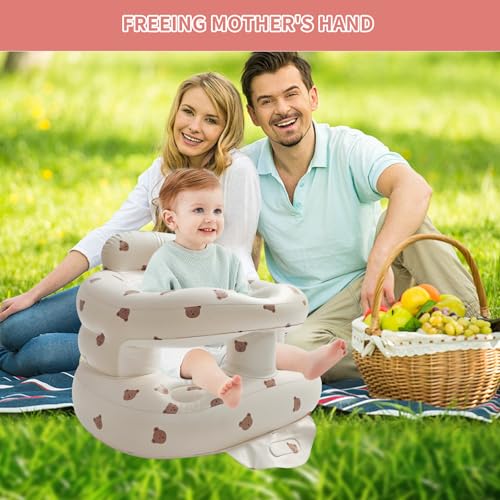 Image of Portable Inflatable Baby Seat with Safety Fence - Sit-Up Chair for Infants & Toddlers | Secure Baby Floor Seat for Sitting Practice | Lightweight Design with Built-in Air Pump(Bear)