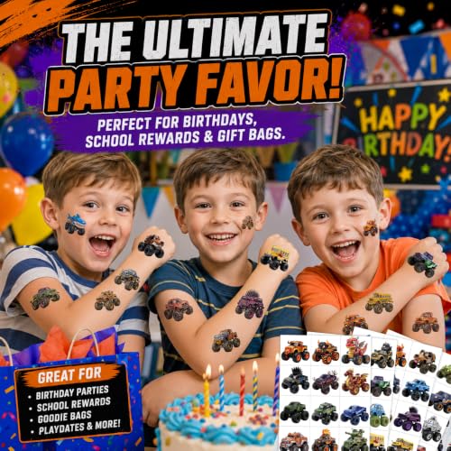 Image of Monster Truck Temporary Tattoos for Kids - 96 Pcs Pre-Cut 3D Cute | Art Style Tattoos, 8 Sheets Dinosaur & Shark Truck Stickers for Boys Birthday Party Favors, Goodie Bag Stuffers, Rewards