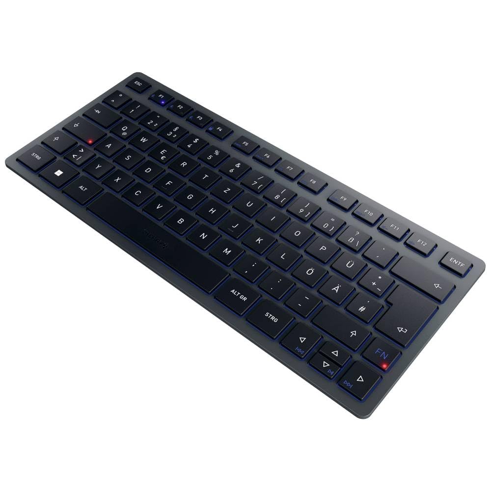 Cherry KW 7100 Mini BT, Teclado Compacto Multidispositivo con 3 Canales Bluetooth, Distribución de Teclado Alemán (QWERTZ), Diseño Plano, Incluye Funda de Transporte, Slate Blue
