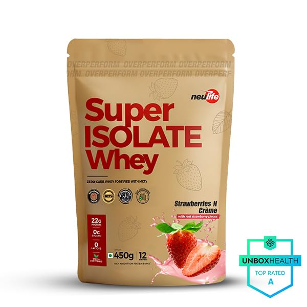 Image of Neulife Super Isolate Whey Protein 450 g | Max Absorption Protein Shake with Patented Ketofuel MCTs | Strawberries & Creme with Real Fruit