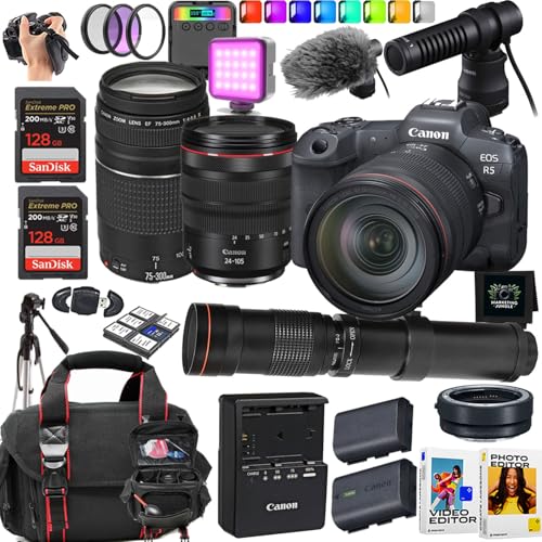 Canon EOS R5 Mirrorless Camera + RF 24-105mm F4 L IS USM Lens, EF 75-300mm III, 420-800mm HD Telephoto, 2x 128GB Sandisk Extreme Cards, More (Renewed) 23pc Bundle
