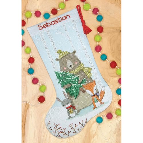 Image of Dimensions 70-09621 Woodland Animals Stocking Counted Cross Stitch Kit, 16 inch Long, 14 Cnt Light Blue Aida, 6 Pieces
