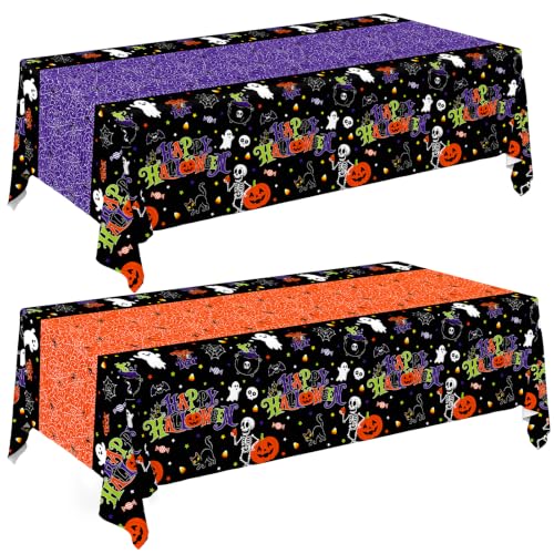 Image of 2 Pack Halloween Tablecloth, 54 x 108 Inch Disposable Plastic Table Cover, Halloween Party Supplies for Halloween Decor