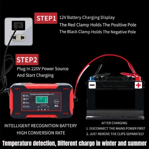Image of STARWORK 12V 6A Intelligent Car Battery Charger with LCD Display | Automatic Temperature Detection | Pulse Repair | Lead Acid Battery Charger for Car & Bike (6 Month Warranty) (Not for Lithium)