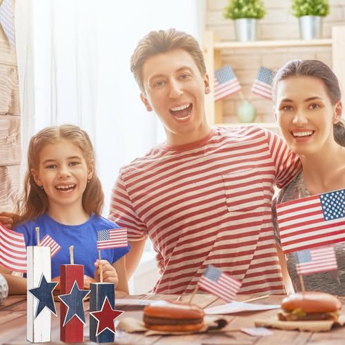 Image of Amyhill 3 Pcs 4th of July Decorations Set Wooden Patriotic Table Centerpieces Independence Day Wood Firework Fourth of July Table Signs for 250th Anniversary Home Farmhouse Decor (Vintage Style)