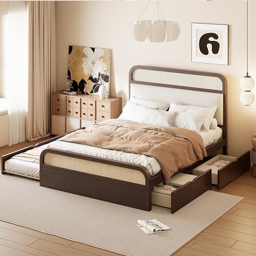Ball & Cast Queen Wooden Platform Bed with Pull Out Trundle & Storage Drawers,Classic Bedframe W/Luxurious Padding Headboard,Rattan Accent,Modern Furniture for Bedroom Guest Room Apartment,Espresso