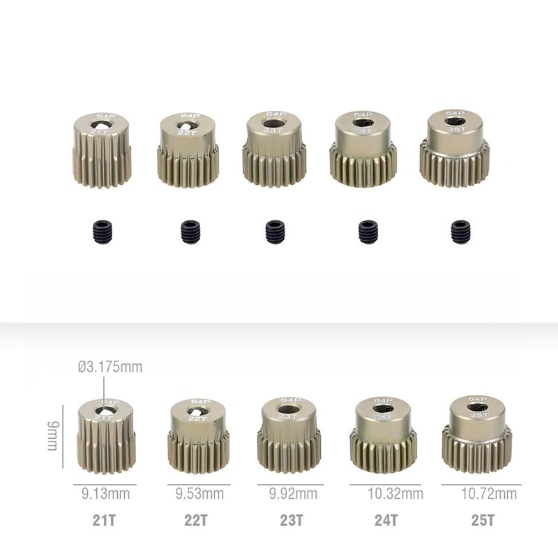 5pcs 64P 3.175mm (21T to 50T) Aluminum Alloy Metal Pinion Motor Gear for 1/10 RC Model - Includes Hex Key (21T-22T-23T-24T-25T)