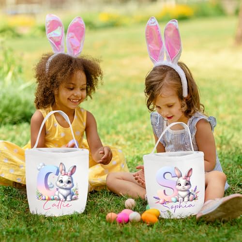 CALLIE Personalized Easter Basket for Kids - Custom Name Canvas Tote with Bunny Design Egg Hunt Bag & Party Favors Organizer3