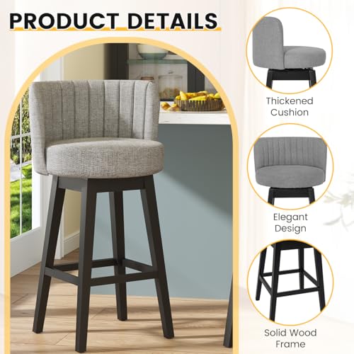 Image of COCO DESIGN Swivel Bar Stools Set of 2, 24 inch Counter Height Mid Century Modern Barstools with Back, Linen Upholstered Seat and Solid Wood Legs, for Bar Kitchen Island, Smoke Gray