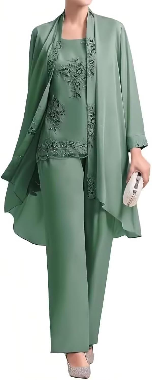 3 Piece Mother of Bride Pant Suits for Wedding - Chiffon Lace Applique Formal Wedding Guest Outfit with Jacket