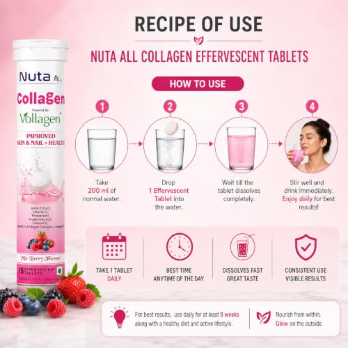 Image of Collagen Effervescent Tablets | Vegan Collagen (Vollagen), Vitamin C & Hyaluronic Acid | Skin Glow, Hair & Nail Support | Mix Berry | 75 tablets