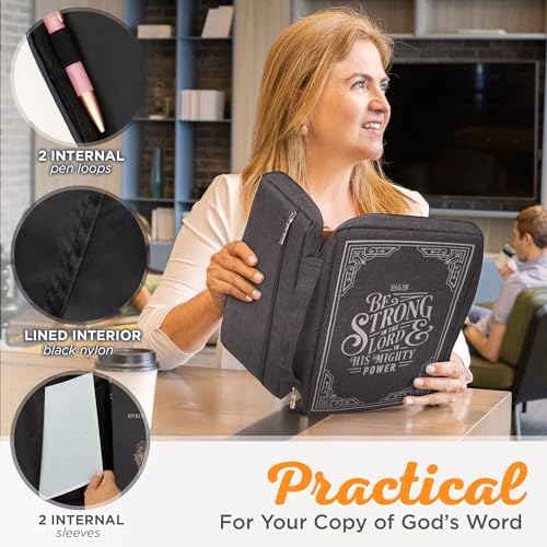 Image of Christian Art Gifts Men /Women's Bible Cover Strong in The Lord Ephesians 6:10, Gray Canvas, Medium