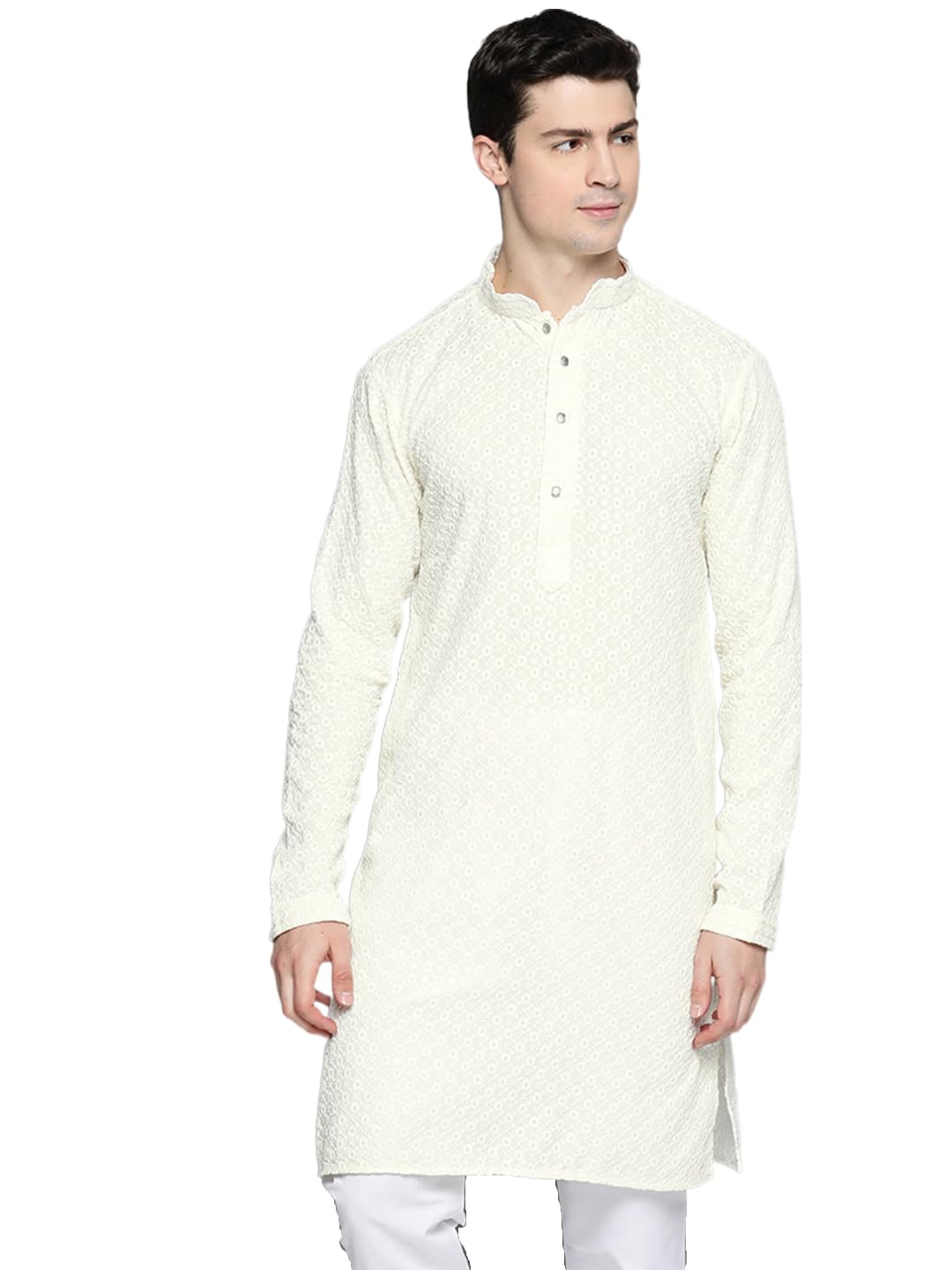 Jompers Mens White Chikankari Embroidered And Sequence Kurtas (White, M)