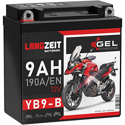 LANGZEIT YB9-B Motorradbatterie 12V 9Ah 190A/EN Gel Batterie 12V doppelte Lebensdauer entspricht YB9-BS CB9-B 50914 GM9Z 12N9-4B-1 vorgeladen auslaufsicher wartungsfrei ersetzt 8Ah