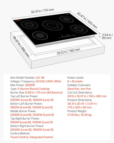 Image of VEVOR Induction Cooktop 30inch 5 Burners Built-in Electric Stove 220V 9200W, Induction Burner for Kitchen, with 9 Power Levels, LED Touch Screen, Ceramic Glass Surface, Child Lock