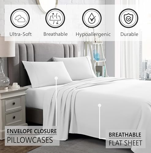 American Home Collection Queen Size Sheet Set - 16-Inch Deep Pocket - Ultra Soft Microfiber Bed Sheets - Breathable, Wrinkle and Fade Resistant, Easy Care - 4 Piece Set (Queen, White)