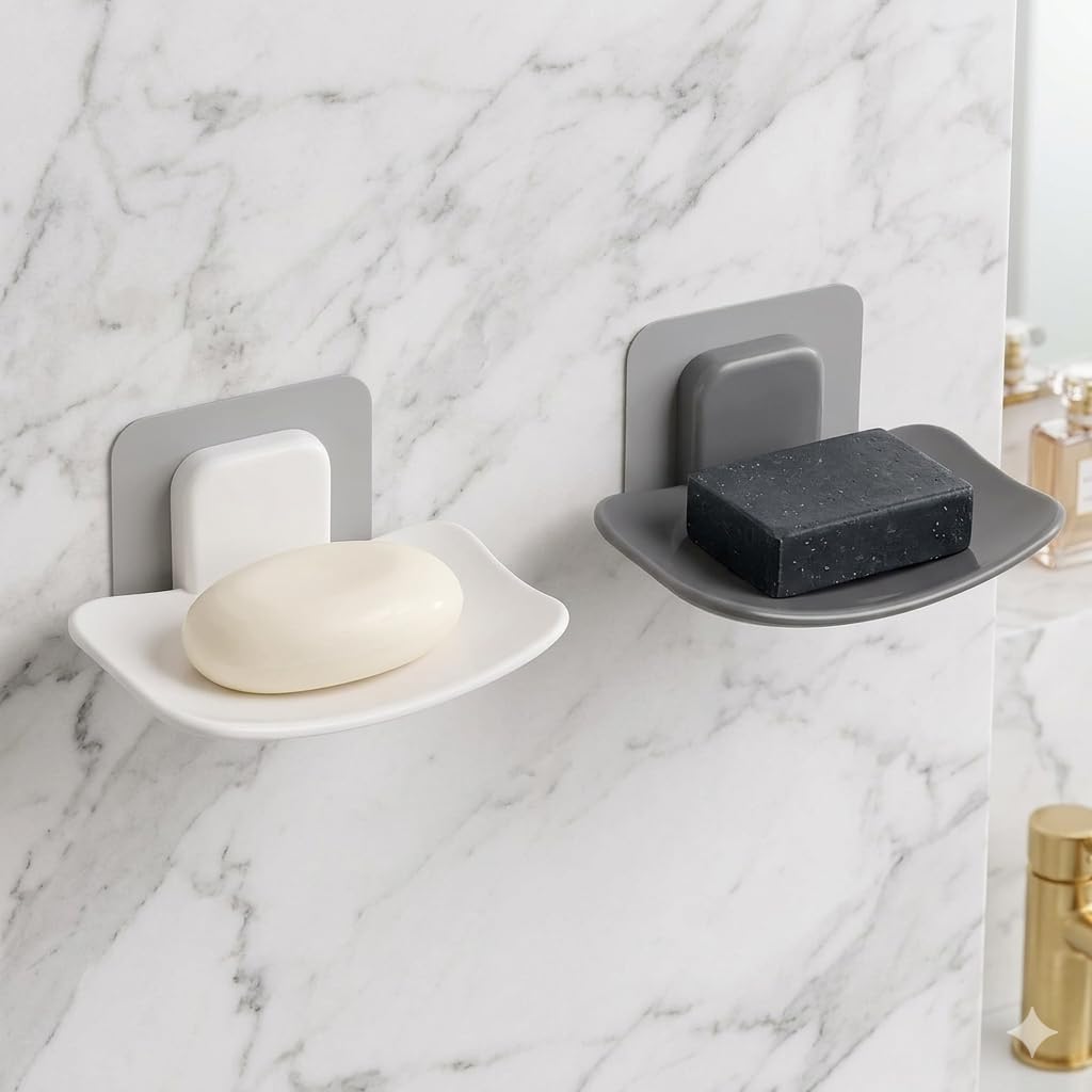T ESSENTIALS Plastic Soap Dish Holder Self Adhesive Wall Mounted Sponge Holder Soap Stand with Water Drainage Bathroom Accessories (White) (Pack of 2 (White & Black))-image-19