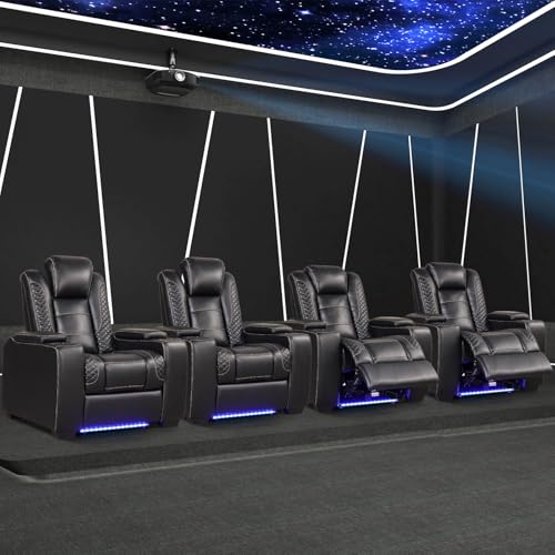 Image of ANJ Power Recliner Chairs Set of 4 for Adults, PU Leather Home Theater Seating with Adjustable Recline,LED Lighting,Arm Storage,USB,Cup Holders,Breathable Back, FSC Wood Frame,Black