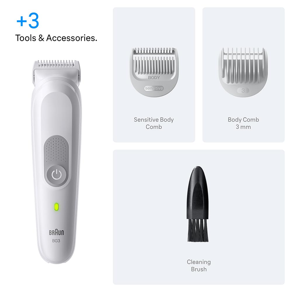 Braun Recortadora de cuerpo Series 3, 3 utensilios de cuidado, tecnología SkinGuard, tiempo de funcionamiento de 80 minutos, suave para zonas sensibles, cuidado y recorte, impermeable, BG3530, gris