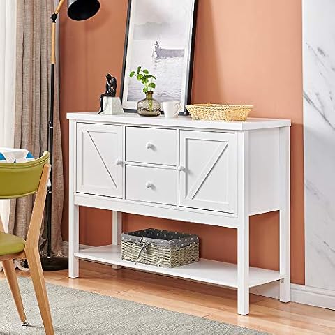 Ansley&HosHo-US White Living Room Storage Sideboard Cupboard with High Legs, Accent Buffet Console Table, 47" TV Stand Cabinet Media Entertainment Center with Doors Drawers for Entryway Dining Room Cover