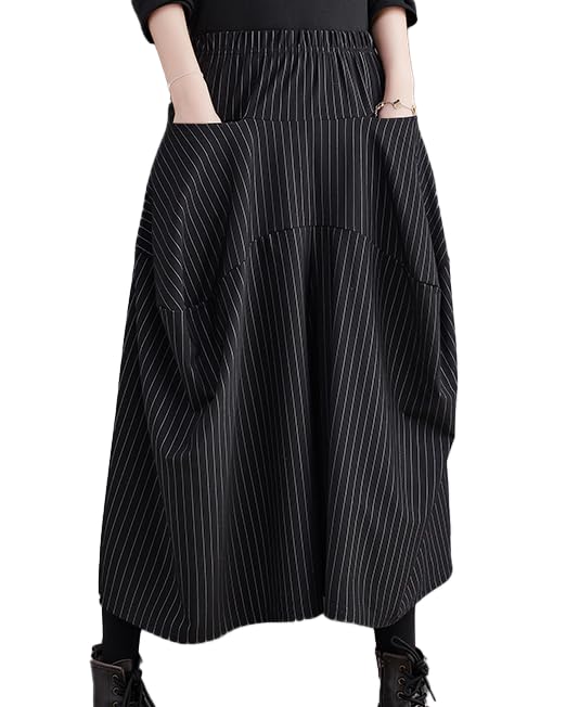 ellazhu Womens Pants Loose Causal Elastic Waist Long Wide Leg Side Pockets Black Striped GZ633 A