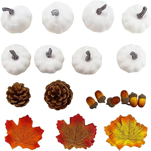 Lindagary Artificial Pumpkins Set Fake Foam Pumpkins Maple Leaves Decor Set for Thanksgiving Harvest Fall Table Home Decoration - Style B
