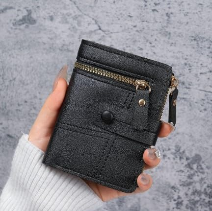 Wallet Women,Classic Faux Leather Women'S Wallet,Multi-Function Mini Bifold with Snap Closure Large Capacity Coin Purse,Multiple Card Slots,Polyester Lined,Slip Pockets for Credit Cards & ID (Black)2