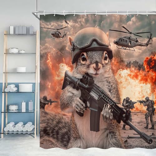 Image of Funny Shower Curtain, Funny Squirrel Helicopter Animal Shower Curtains for Bathroom, Fun Cute Kids Bathroom Decor Shower Curtain, with Hooks 72x72 Inch