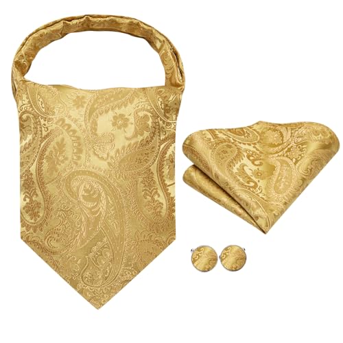 Image of Hi-Tie Silk Ascot for Men Self Tie Men's Cravat and Flower Lapel Pin Handkerchief Cufflinks Set for Wedding Party