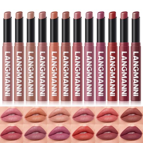 LANGMANNI 12 Farben Samt-Matte Lippenstift Set | Natürliche bis Intensive Nuancen • Hochpigmentiert & Nicht Austrocknend • Cremige Lippenstifte mit Schräger Spitze in Premium-Geschenkbox für Frauen