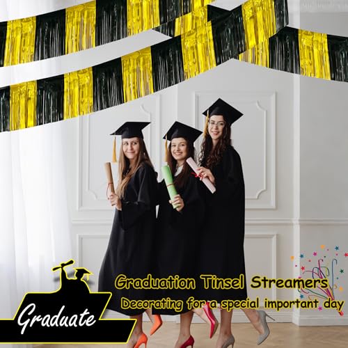 Image of 4 Pack 39 Feet Black Gold Foil Fringe Garland Metallic Tinsel Streamers Banner Fringe Curtain Banner for Parade Floats Halloween Graduation Homecoming Birthday Party Decorations (Black, Gold)
