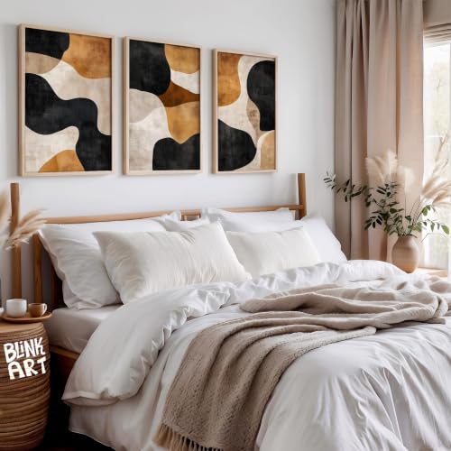 Image of BLINKART Set of 3 RUST BLACK CURVES BROWN CREAM BLOCK Natural Brown Frame Painting for Wall Decoration - Modern Art Wall Decor Framed Painting for Living Room Bedroom - Framed Wall Posters /Paintings (8X12 inch)