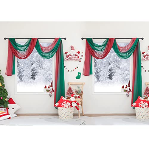 Nicetown 2 Panels Red & Green Ombre Window Scarf For Christmas Decor, Decorative Voile Sheer Window Valances Bed Canopy For Thanksgiving Day, W60 X L216 #TOP1