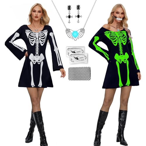 IEEILULU Mujeres Halloween Esqueleto Vestido, Disfraz Esqueleto Mujer con Realce la Figura, Vestido de Esqueleto Negro Divertido para Halloween Carnaval (Esqueleto, M)