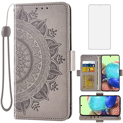 Asuwish Compatible with Samsung Galaxy A71 4G Wallet Case Tempered Glass Screen Protector Credit Card Holder Flip Wrist Strap Cell Phone Cover for Glaxay A 71 Gaxaly 71A S71 A715F Men Grey -  Samsung-A71-4G-XRKQB-US