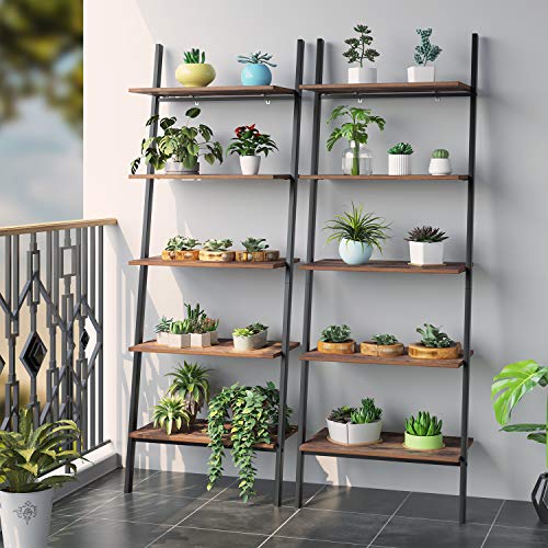Homfa Industrial Ladder Shelf, 5-Tier Plant Flower Stand Leaning Wall Bookcase, Multipurpose Storage Organizer Display Rack, Wood Look Accent Metal Frame Home Office