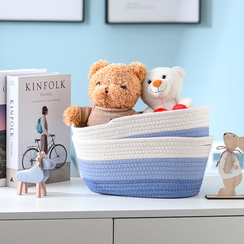 Image of Sawysine 6 Pcs Storage Baskets Bulk for Organizing Cotton Rope Woven Basket with Handles for Gift Cloth Shelves Blanket Toys Living Room(Blue and White)