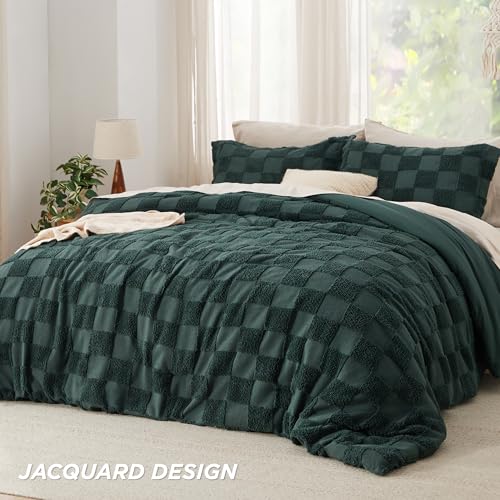 Image of Bedsure King Size Comforter Set Emerald, Boho Tufted Bed Set, Checkered Farmhouse-Style Distressed Vintage Bedding, 3 Pieces, 1 Plaid Geometric Comforter and 2 Pillow Shams