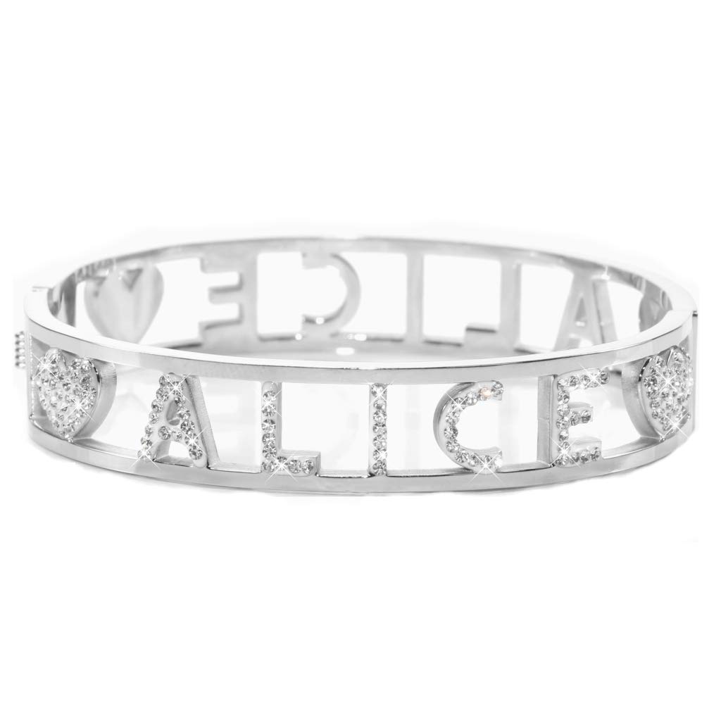 Flowers Bracciale Rigido Acciaio con Nome Vari e Zirconcini Sacchettino in tessuto Scritta nome ricoperta di strass Brillantissimi Bracciale a Manetta Donna Chiusura a molla Idea Regalo