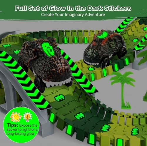 Image of Dinosaur Toys for Kids 3-5, Glow in The Dark Flexible Train Track Playset, 2 Dinosaur Car for 3 4 5 6 7 Year & Up Old Boys & Girls Best Gift