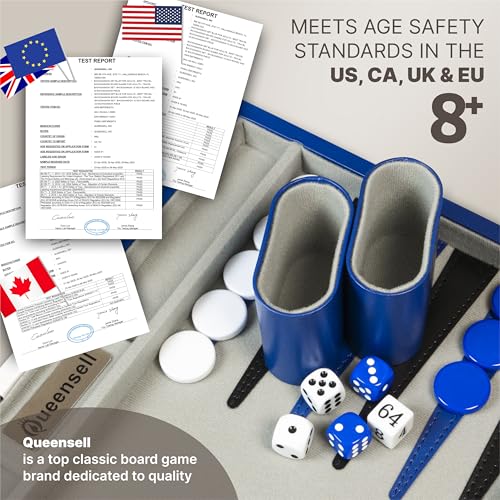Image of Large Blue Backgammon Sets for Adults - Classic Board Games for 2 Players Adults and Kids - Premium Backgammon Set 15 Inch Board and 32 Backgammon Pieces in Quality PU Leather Case