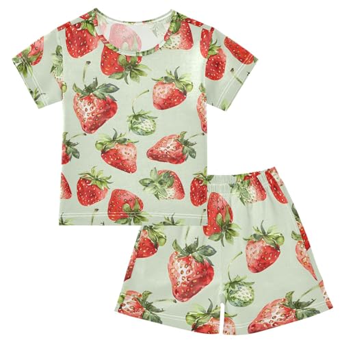 ALAZA Watercolor Strawberry Fruit Green Pajamas Short Sleeve 2 Piece Sleepwear Top and Bottom Pajama Set Unisex