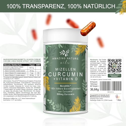 Mizellen Curcuma Kapseln Hochdosiert mit 185x höher verfügbarem NovaSOL Curcumin angereichert mit Vitamin D und C ohne Piperin 1 x 60 Premium Flüssig Kurkuma Kapseln Hochdosiert