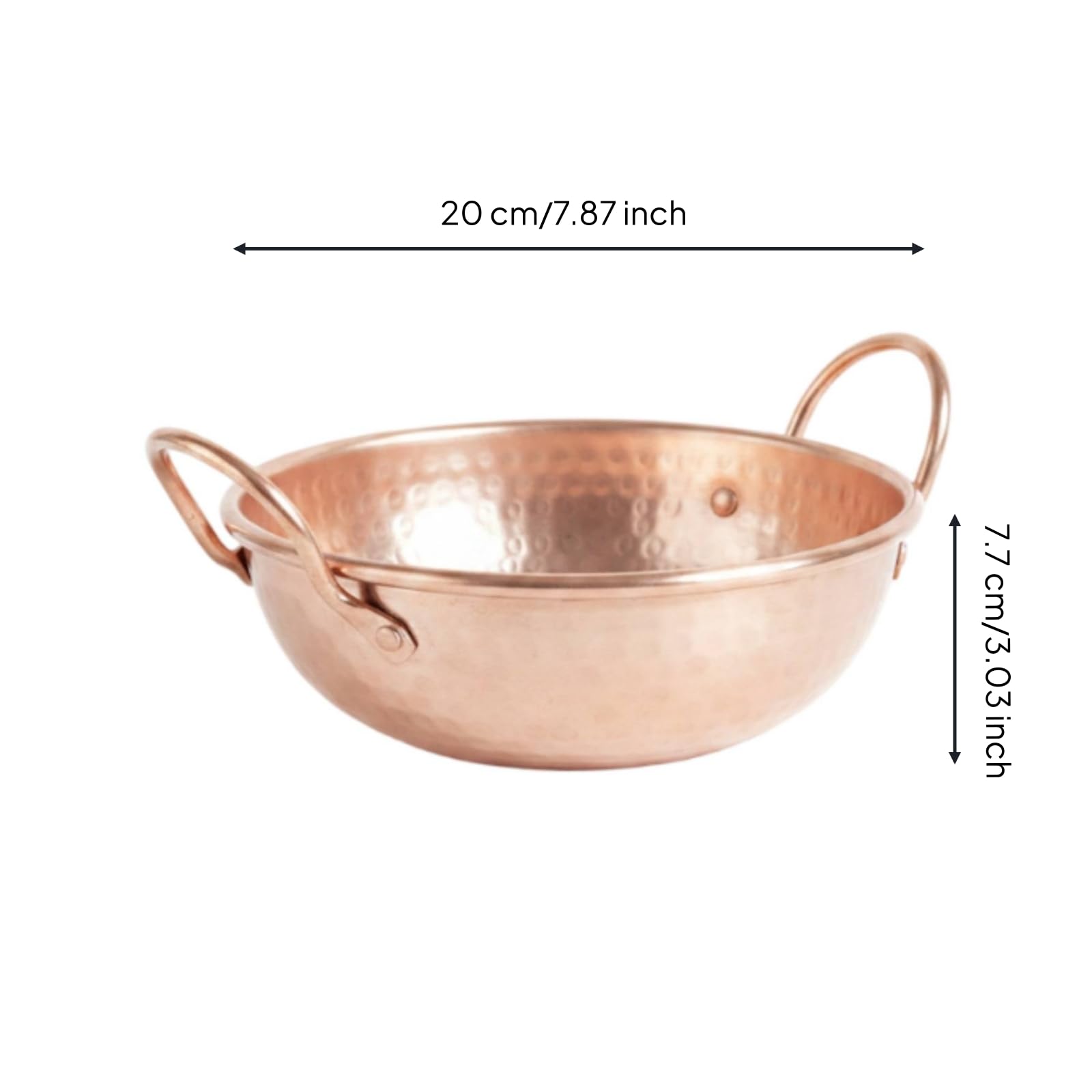 Manual Cazo Cobre Martillado Recipiente Cocina Olla Compacta con Exterior Pulido y Dos Asas para Preparar Cocinar Fideos Servir Platos Individuales en Estufa Hogar, Fondo Redondo, Engrosado