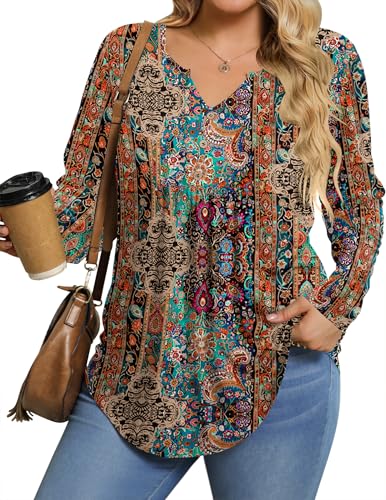 IN'VOLAND Womens Plus Size Long Sleeve Shirts Fall Tunic Top V-neck T-Shirt Button Up Dressy Casual Blouse 1X-5X